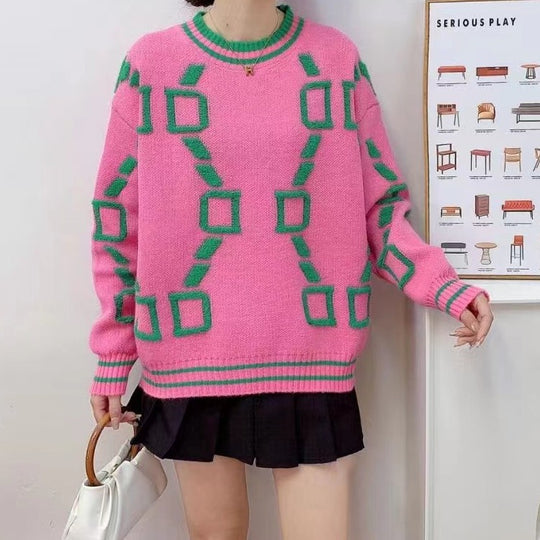Damen Oversize Strickpullover mit geometrischem Jacquardmuster und gerippten Bündchen Shop Nory