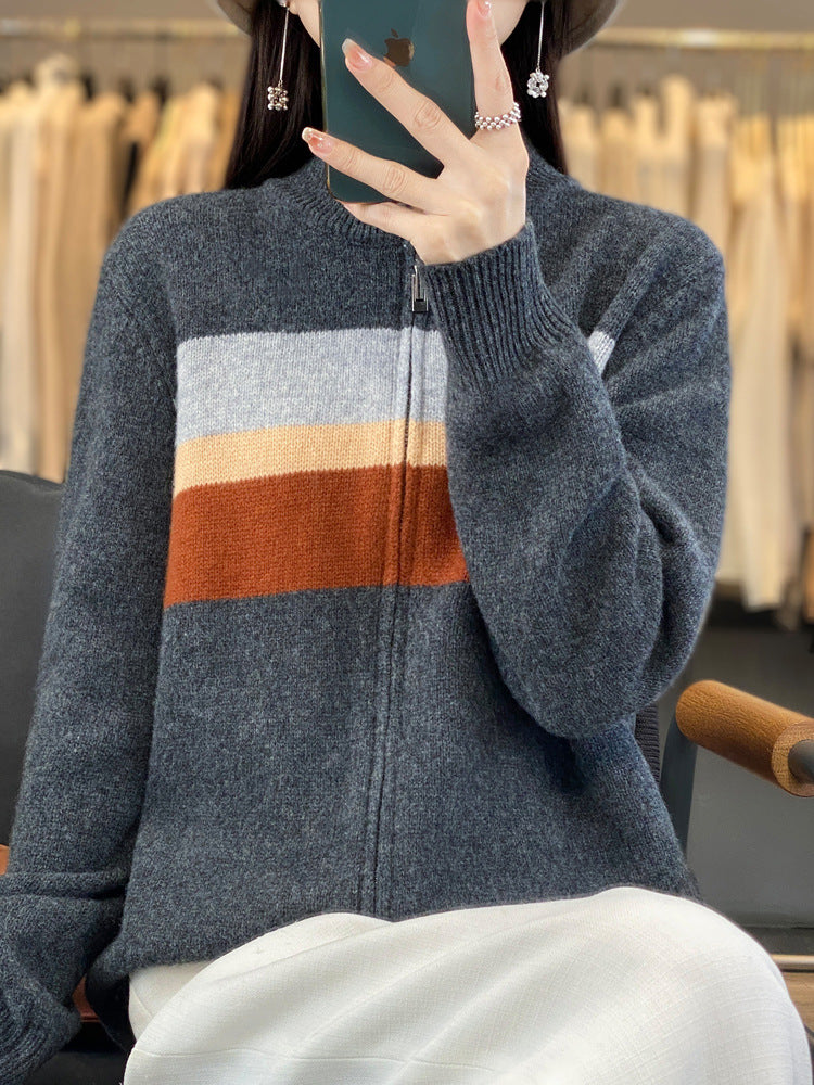 Damen Reißverschluss-Strickcardigan aus weichem Wollmix mit Blockstreifen und geripptem Saum Shop Nory