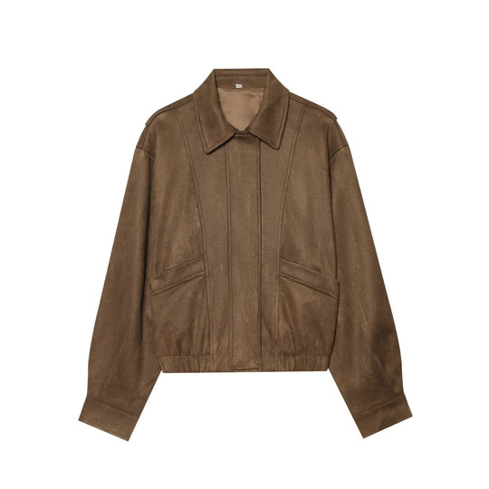 Damen Cropped Blousonjacke im Wildleder‑Look mit Hemdkragen, Epauletten und elastischem Bund Shop Nory