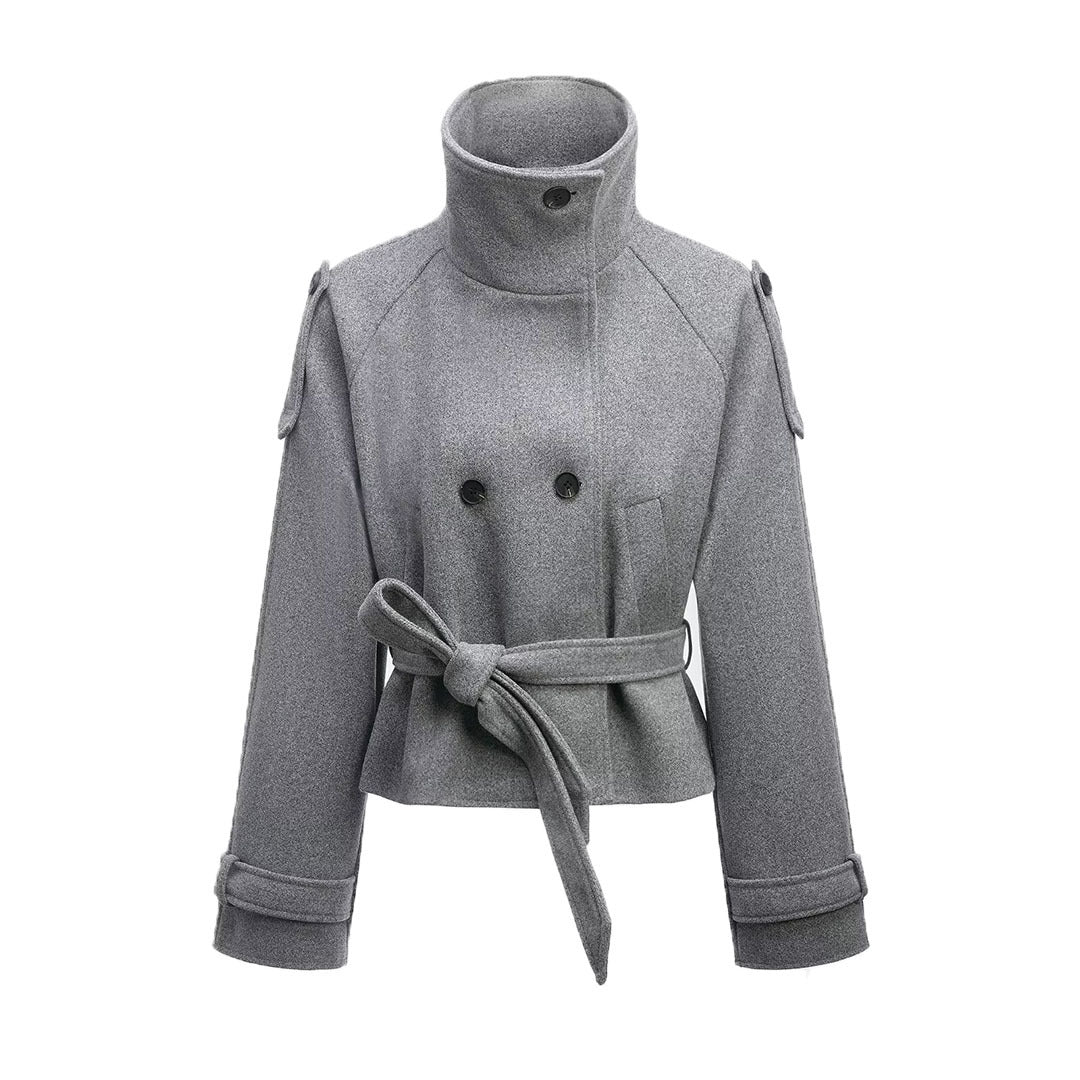 Damen Cropped Wollmix‑Kurzmantel mit hohem Stehkragen, Epauletten und Taillengürtel Shop Nory