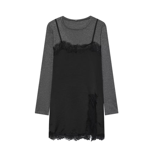 Damen Lagenlook-Longsleeve mit Satin-Slip-Einsatz und Spitzenbesatz Shop Nory