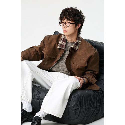 Herren Boxy Kunstleder‑Blouson mit kariertem Umlegekragen und Pattentaschen Shop Nory