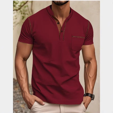 Herren nan modernes Kurzarm-Henley mit Stehkragen, Kontrastnähten und aufgesetzter Brusttasche