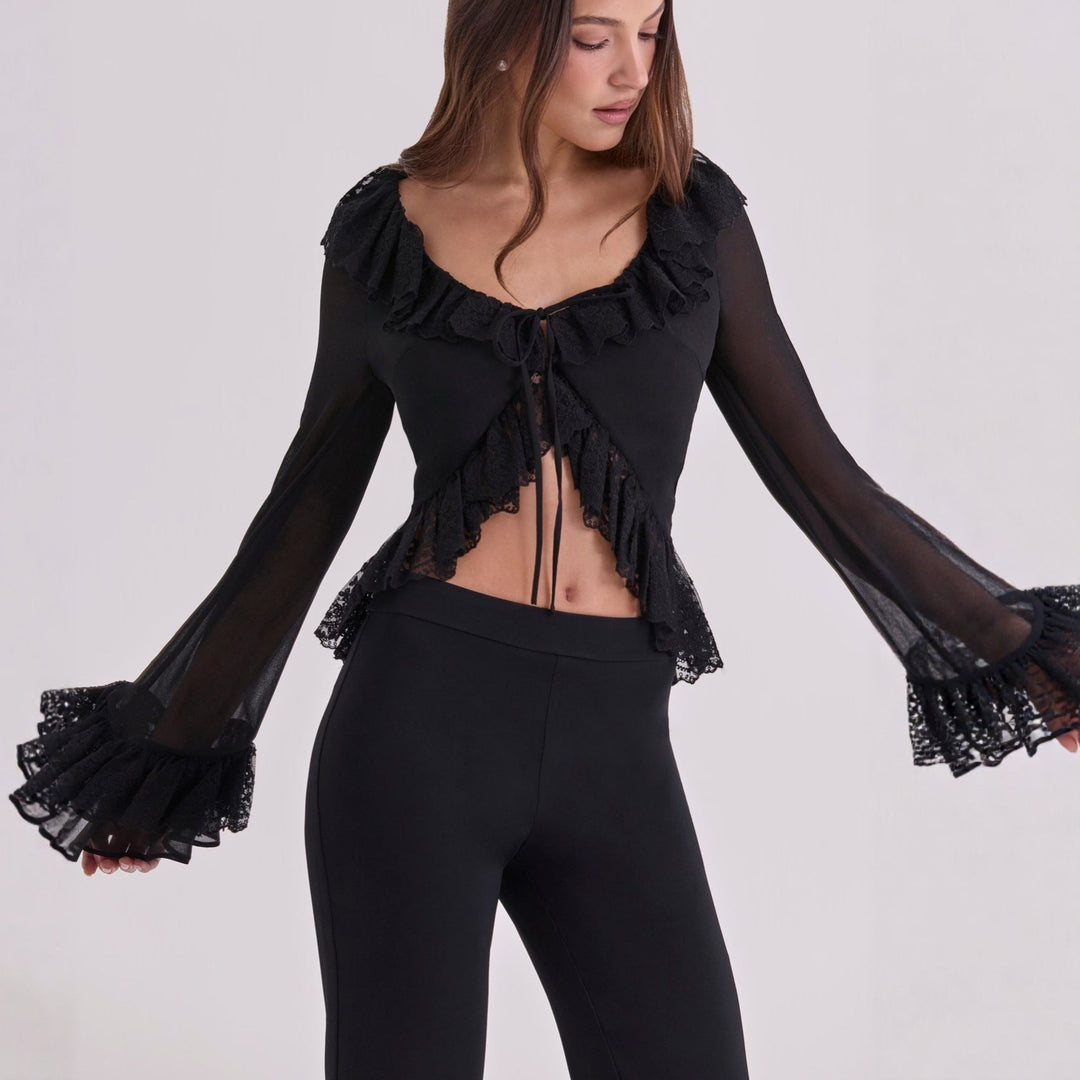 Damen Chiffon-Bluse mit Spitzenbesatz Shopnory