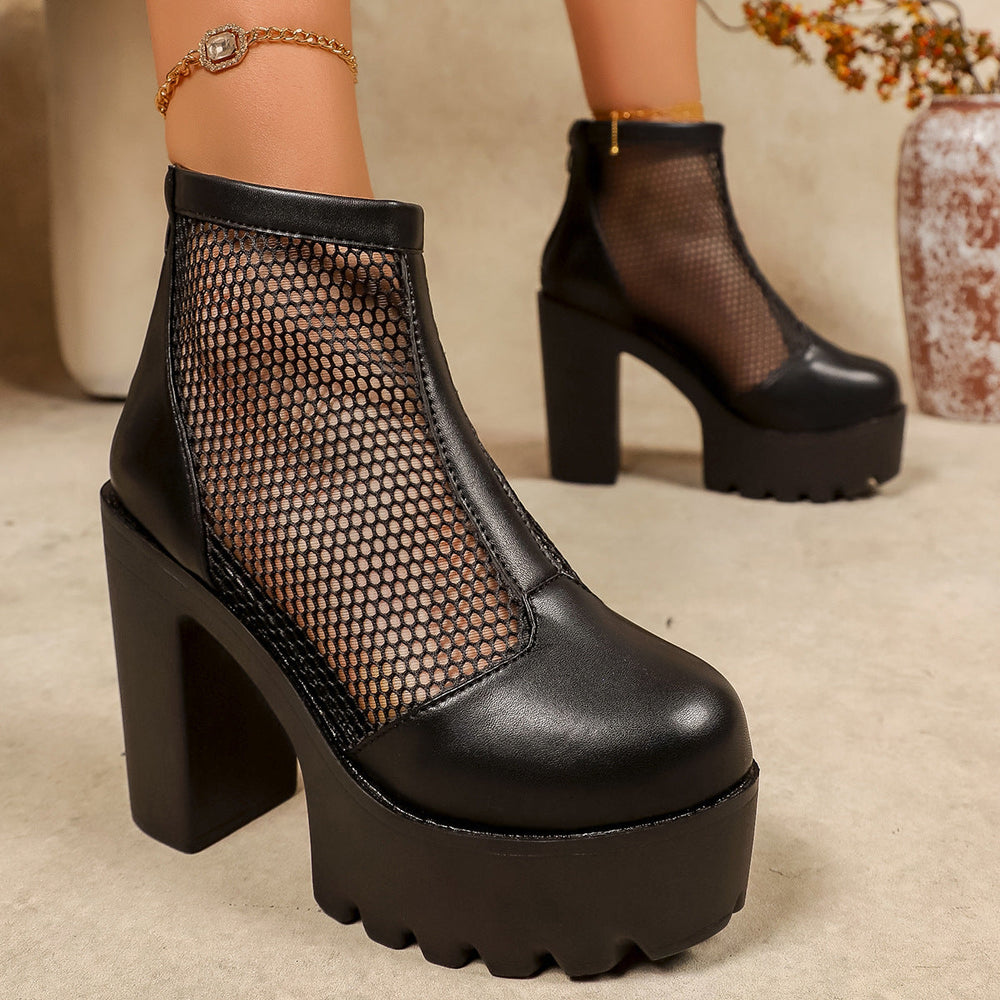 Damen Trendige High-Heels Stiefeletten mit Netzdetails und Blockabsatz Shopnory