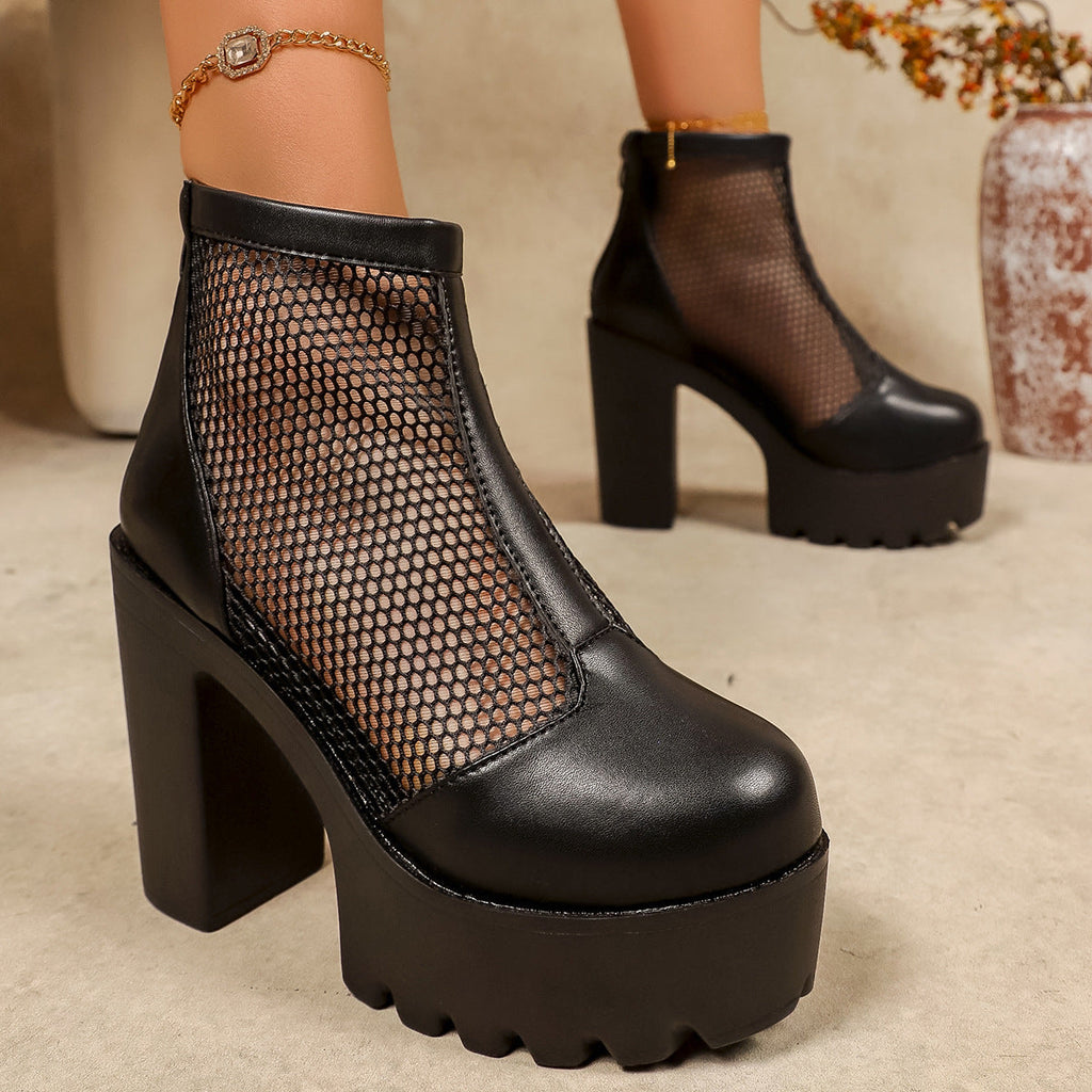 Damen Trendige High-Heels Stiefeletten mit Netzdetails und Blockabsatz Shopnory