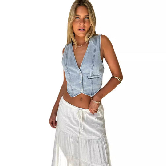 Damen Jeansweste mit elegantem Schnitt und Knopfdetails