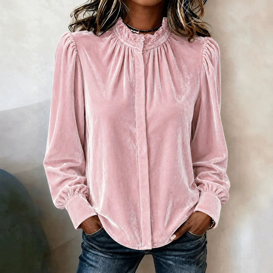 Damen Samtbluse mit Rüschen-Stehkragen, verdeckter Knopfleiste und gerafften Ballonärmeln Shop Nory