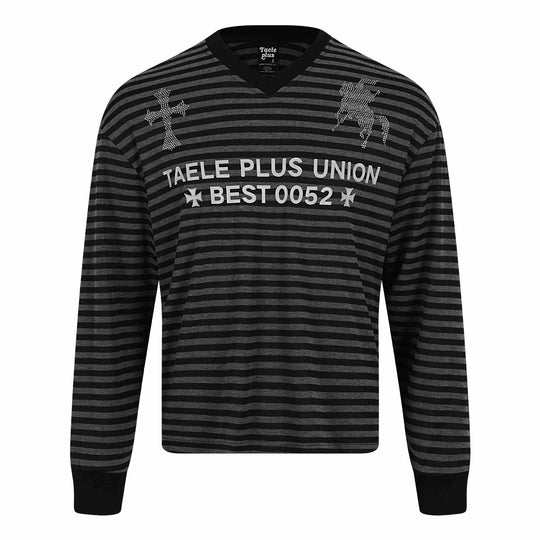 Unisex Gestreifter Langarm-Pullover mit V-Ausschnitt und Strassapplikationen Shop Nory