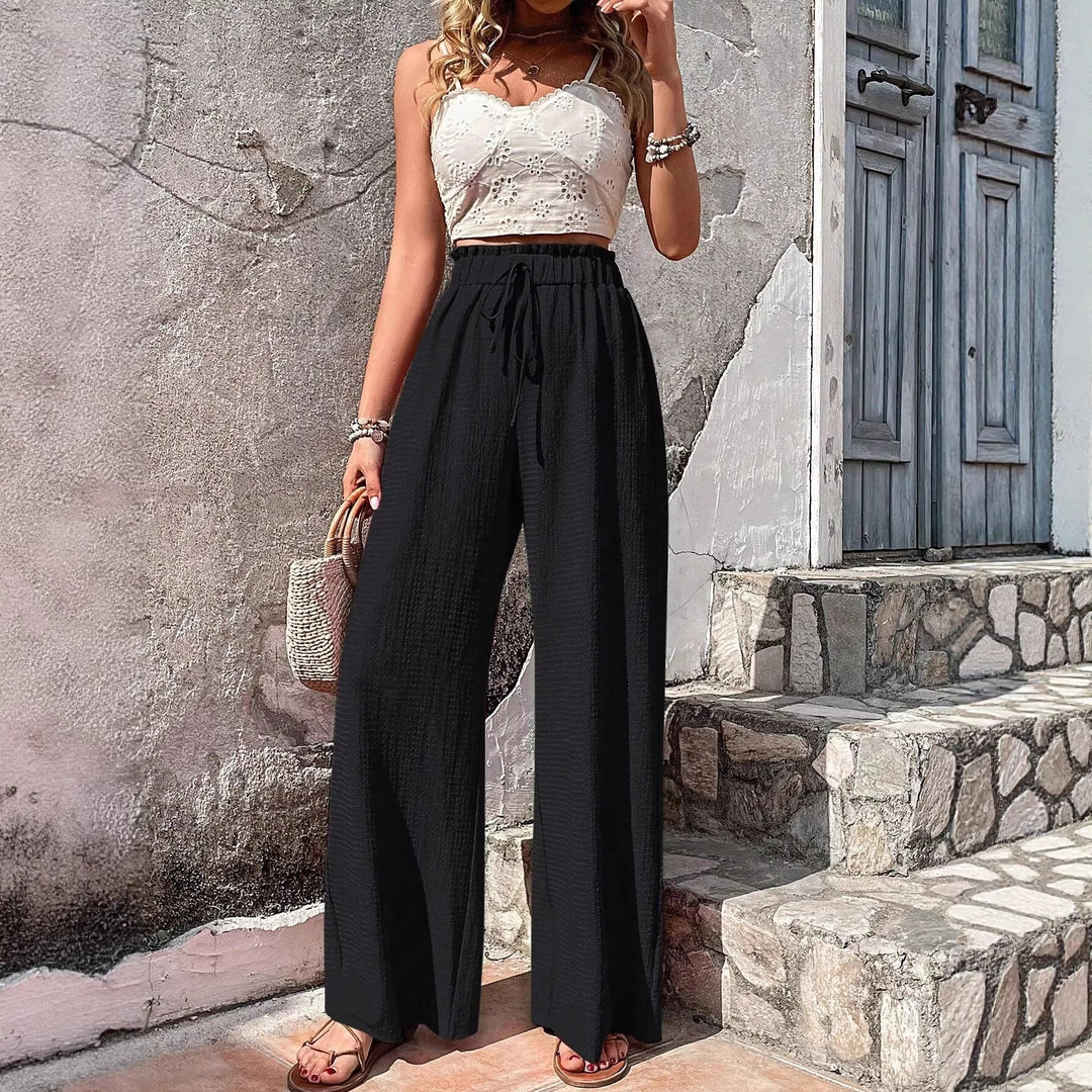 Damen Leichte Palazzo-Loungehose mit strukturierter Crinkle-Optik, hohem Gummibund und Kordelzug Shop Nory