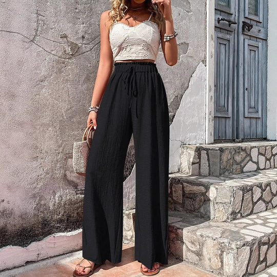 Damen Leichte Palazzo-Loungehose mit strukturierter Crinkle-Optik, hohem Gummibund und Kordelzug Shop Nory