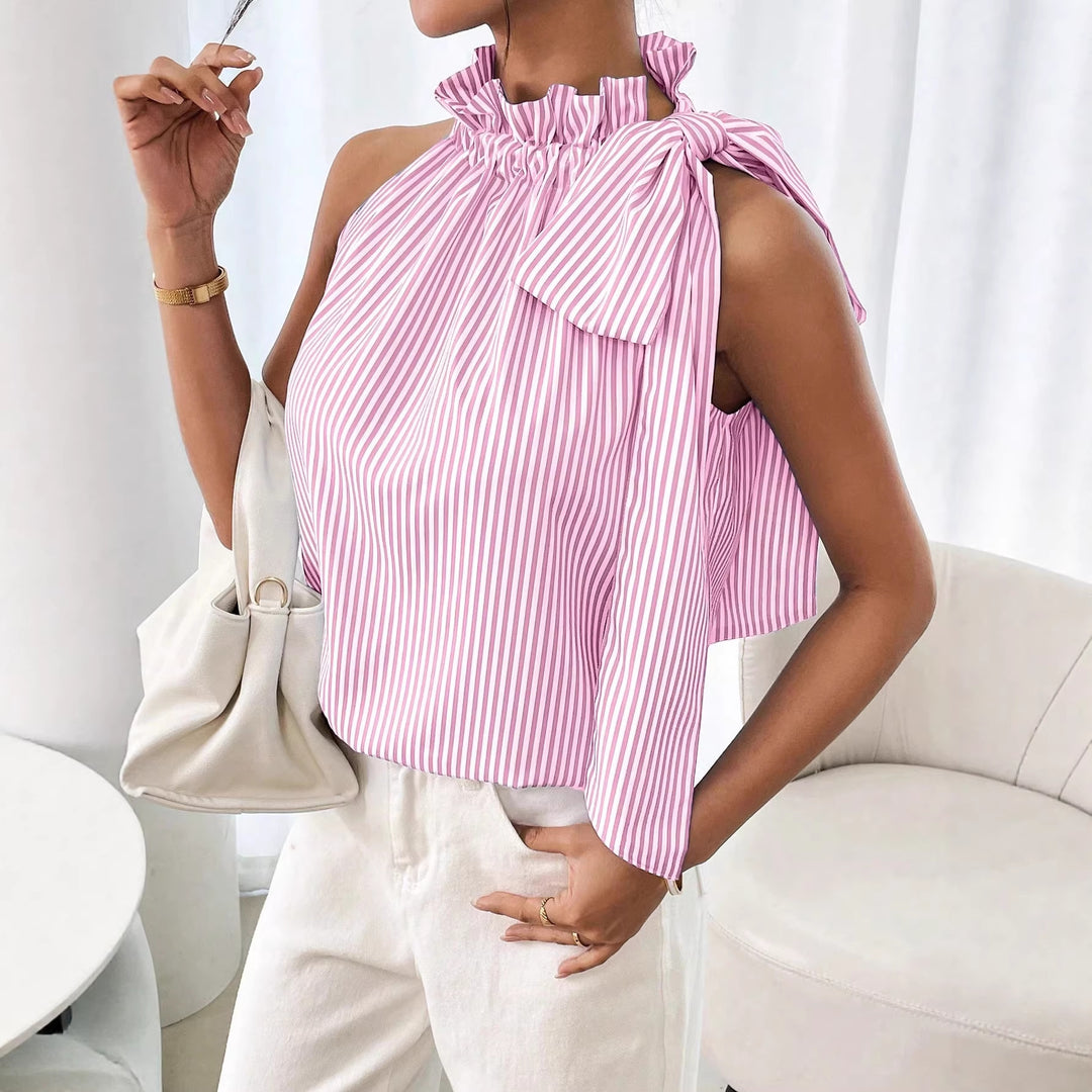 Damen Ärmellose Crêpe-Bluse mit gerafftem Stehkragen und Schulter-Schleife Shop Nory