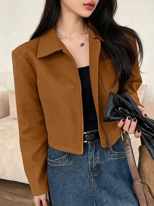 Damen Kurzjacke aus Wildlederimitat mit Reißverschluss und Hemdkragen Shop Nory