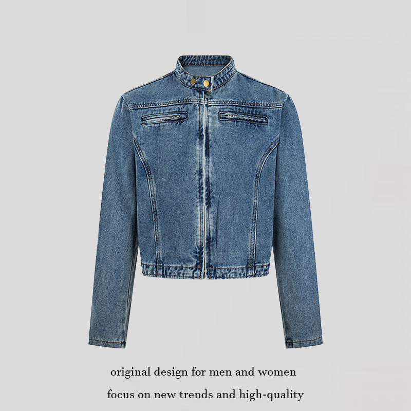 Damen Kurz geschnittene taillierte Jeansjacke mit Stehkragen und verdecktem Reißverschluss Shop Nory