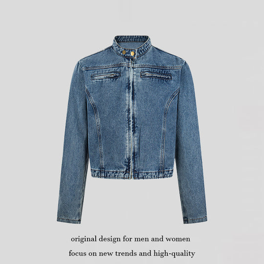 Damen Kurz geschnittene taillierte Jeansjacke mit Stehkragen und verdecktem Reißverschluss Shop Nory