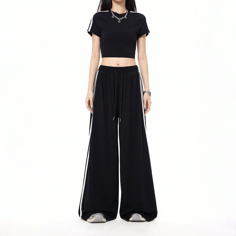 Damen lässige Highwaist weite Sweathose mit elastischem Bund, Tunnelzug und seitlichen Kontraststreifen Shop Nory
