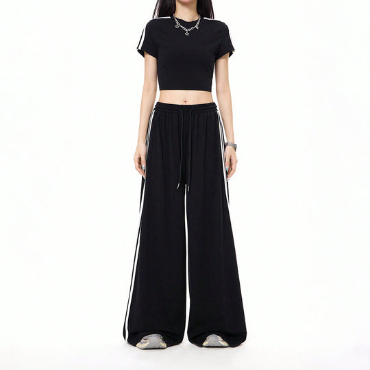 Damen lässige Highwaist weite Sweathose mit elastischem Bund, Tunnelzug und seitlichen Kontraststreifen Shop Nory