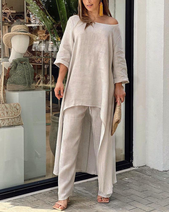Damen Lässiges Leinenoptik-Zweiteiler mit asymmetrischer Long-Tunika und weitem Palazzo-Hose Shop Nory