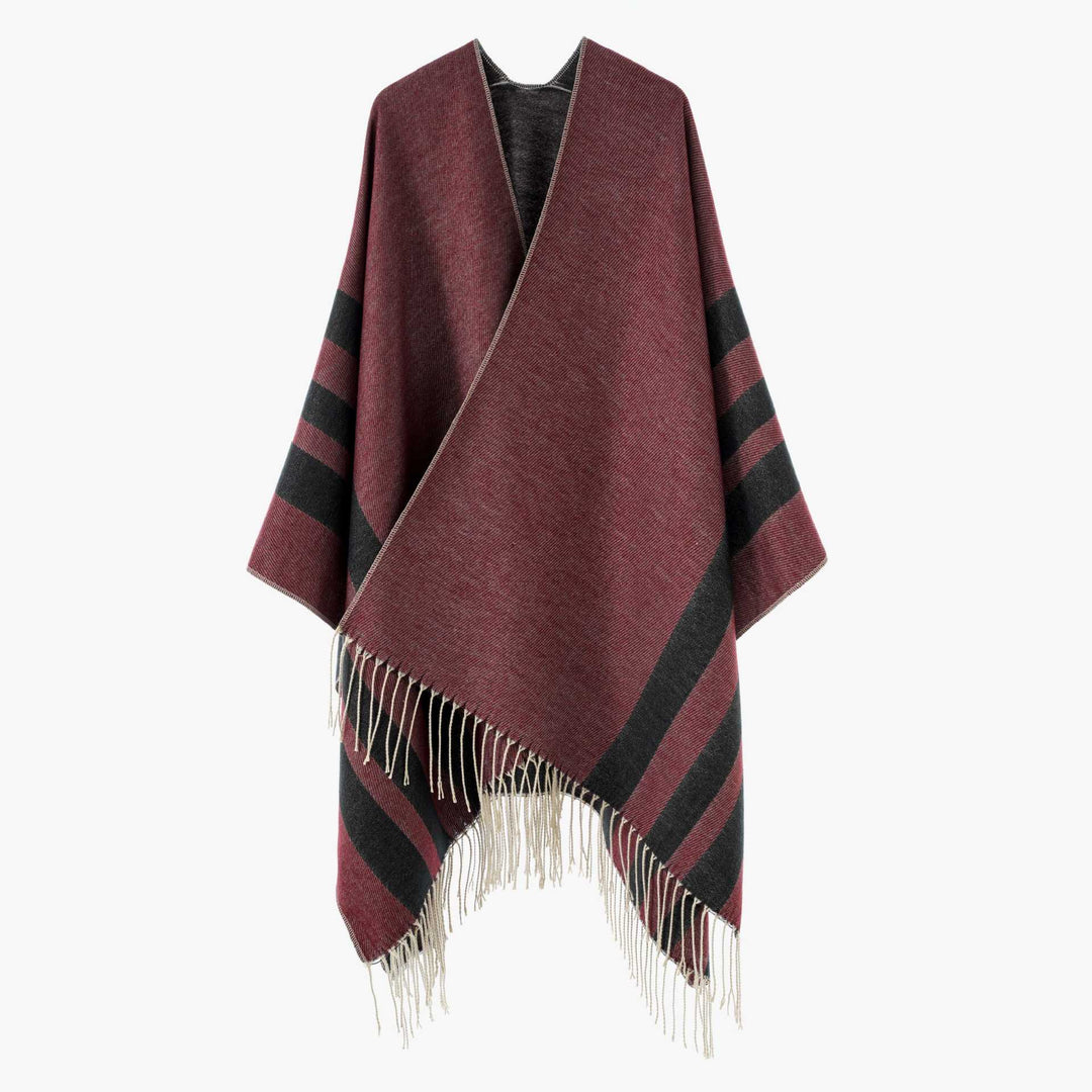 Damen Großer Wollmix Fransenponcho mit diagonalen Kontraststreifen Shop Nory