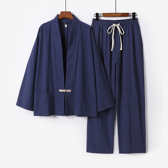 Herren Zen-inspiriertes Kimono-Loungewear-Set aus leichter Baumwollmischung mit offenem Schnitt und Kordelbundhose Shop Nory