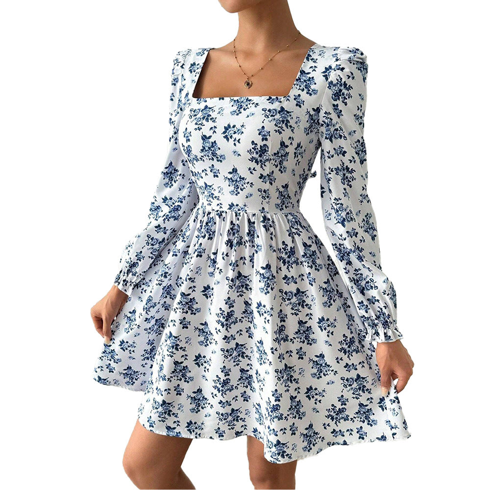 Damen florales Minikleid mit quadratischem Ausschnitt tailliertem Schößchen und langen Puffärmeln Shop Nory