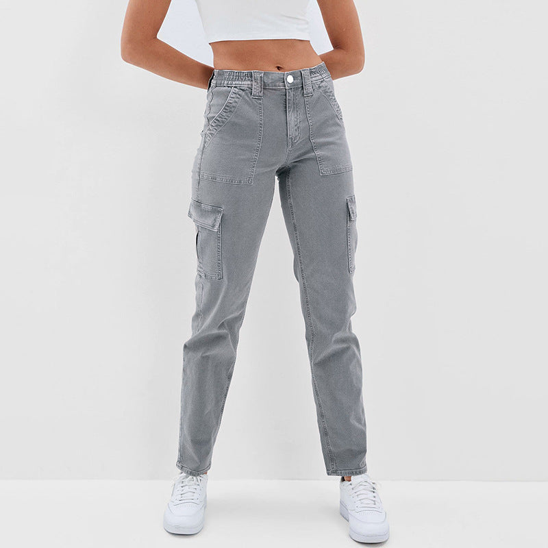 Damen Hochtaillierte Cargohose aus Denim mit geradem Bein und Mehrfachtaschen Shop Nory