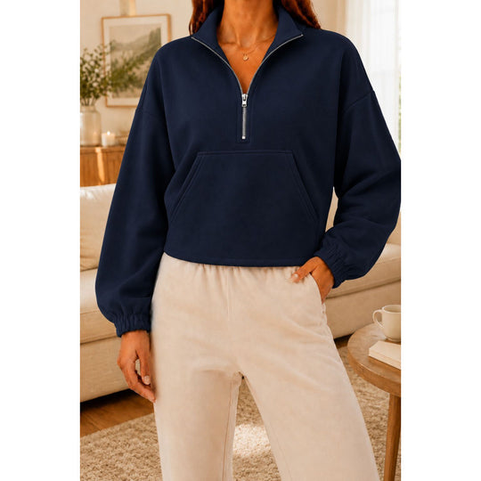 Damen Kurz geschnittener Sweatshirt-Pullover mit halbem Reißverschluss und Kängurutasche Shop Nory