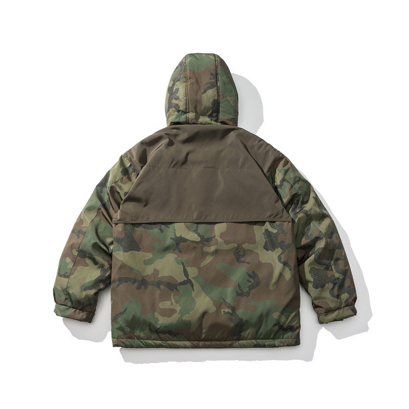 Unisex Boxy-Kurz-Pufferjacke im Camouflage-Utility-Stil mit Kapuze und verdeckter Frontblende Shop Nory