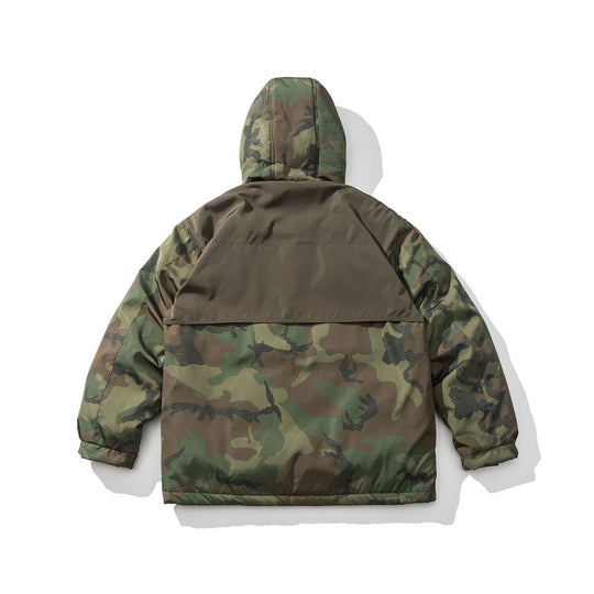 Unisex Boxy-Kurz-Pufferjacke im Camouflage-Utility-Stil mit Kapuze und verdeckter Frontblende Shop Nory