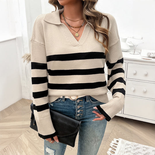 Damen nan lässiger V‑Ausschnitt Strickpullover mit Polokragen, gerippten Ärmelsäumen und markanten Blockstreifen Shop Nory
