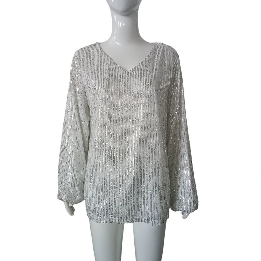 Damen Glitzerndes Pailletten-Longsleeve mit V-Ausschnitt und legerer Tunika-Silhouette Shop Nory