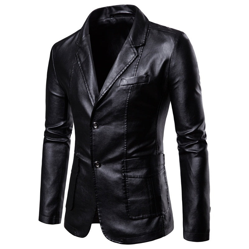 Herren Slim-Fit Kunstleder-Blazer mit Revers, Knopfleiste und aufgesetzten Taschen Shop Nory