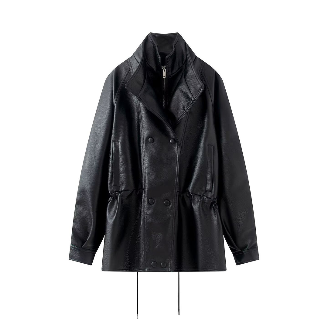 Damen Oversized Double-Breasted Kunstleder-Mantel mit Tunnelzug und Stehkragen Shop Nory