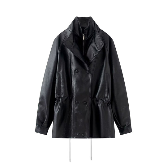 Damen Oversized Double-Breasted Kunstleder-Mantel mit Tunnelzug und Stehkragen Shop Nory