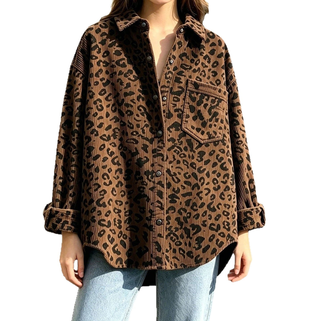 Damen Oversize Cord-Hemdenjacke mit Leopardenmuster und Druckknöpfen Shop Nory