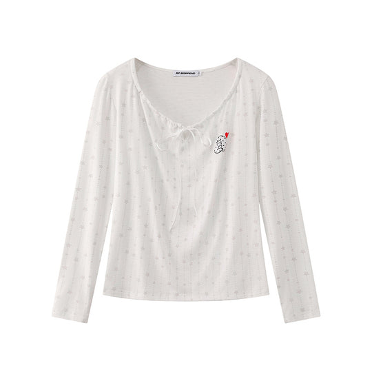 Damen Langarmshirt mit Schnürung am Ausschnitt, feinem Sternen-Jacquard und Herz-Emblem Shop Nory
