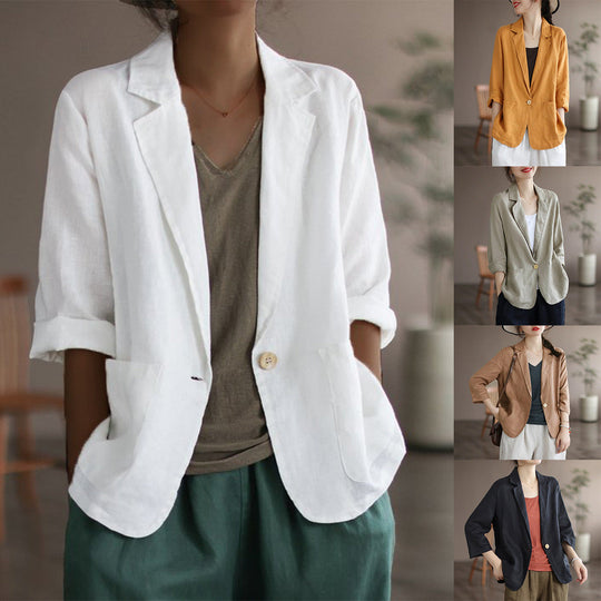 Damen Lässiger Leinenblazer mit breiten Ärmeln und Knopfverschluss