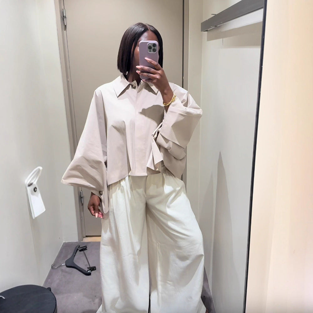 Damen kastige Cropped-Hemdbluse mit weitem Fledermausärmel und feiner Kellerfalte Shop Nory