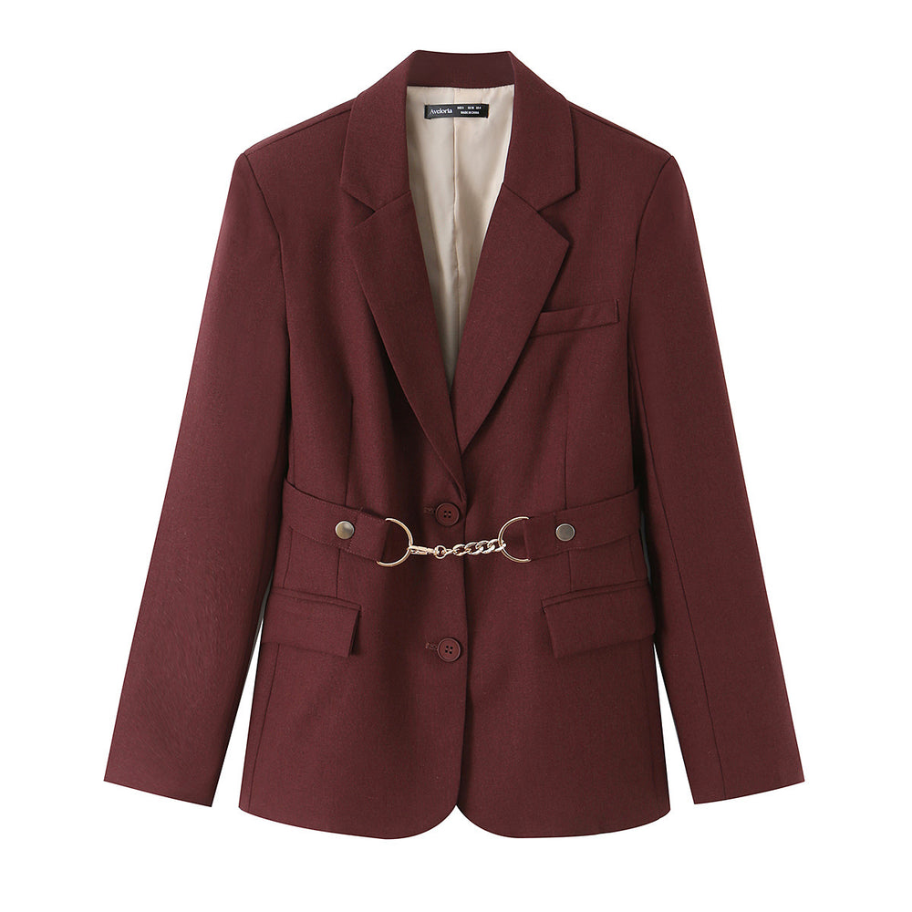 Damen Tailliertes Blazer- und Midirock-Set mit Zierkettengürtel Shop Nory