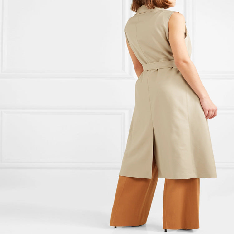 Damen ärmelloser Wickel-Trenchcoat aus Baumwollmix mit doppelreihiger Knopfleiste und Taillengürtel Shop Nory