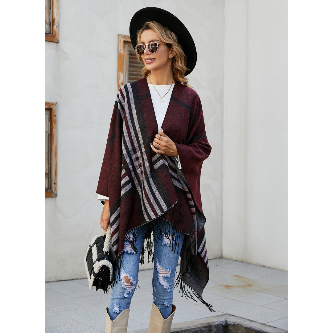 Damen Kastiger Ruana-Überwurf mit Fransen und diagonalem Streifenjacquard Shop Nory