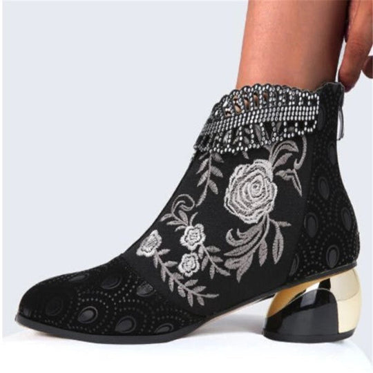 Damen Stiefeletten mit floralem Muster und glanzvollem Blockabsatz