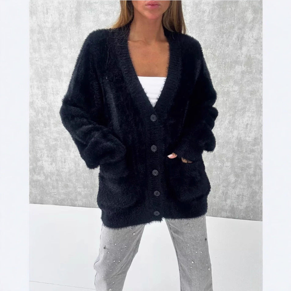 Damen Flauschiger Oversize-Cardigan mit tiefer V-Ausschnitt, Knopfleiste und Eingrifftaschen Shop Nory