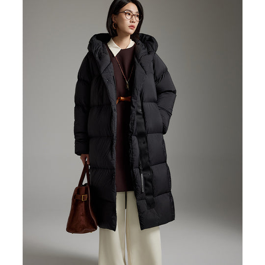 Damen Extra-langer wattierter Steppmantel mit Kapuze, Thermo-Füllung und Zwei-Wege-Reißverschluss Shop Nory