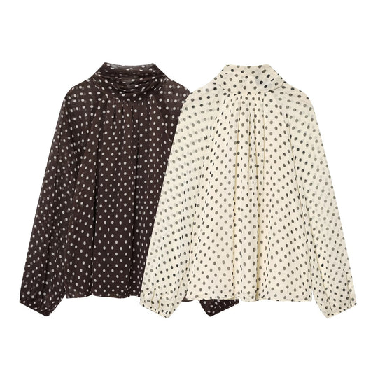Damen Luftige Chiffon-Bluse mit Polka-Dots, Drapiertem Schlauchkragen und Ballonärmeln Shop Nory