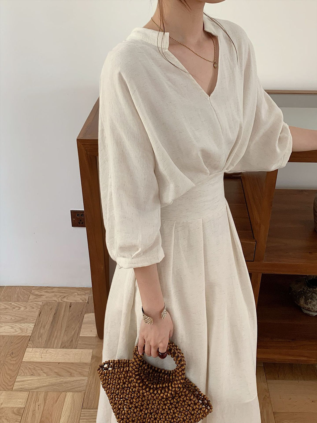 Damen Leinenoptik Midikleid mit V-Ausschnitt dreiviertel Ärmeln und taillierter Taille Shop Nory