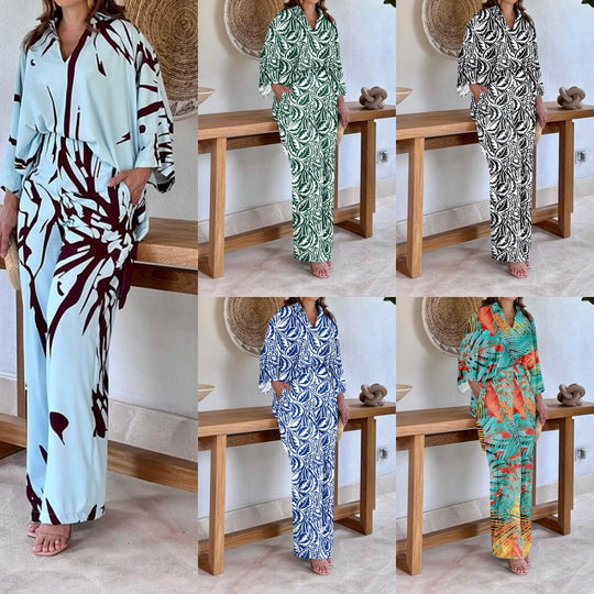 Damen Gemustertes Kimono-Lounge-Set mit weitem Palazzohose aus leichtem Viskose-Mix Shop Nory