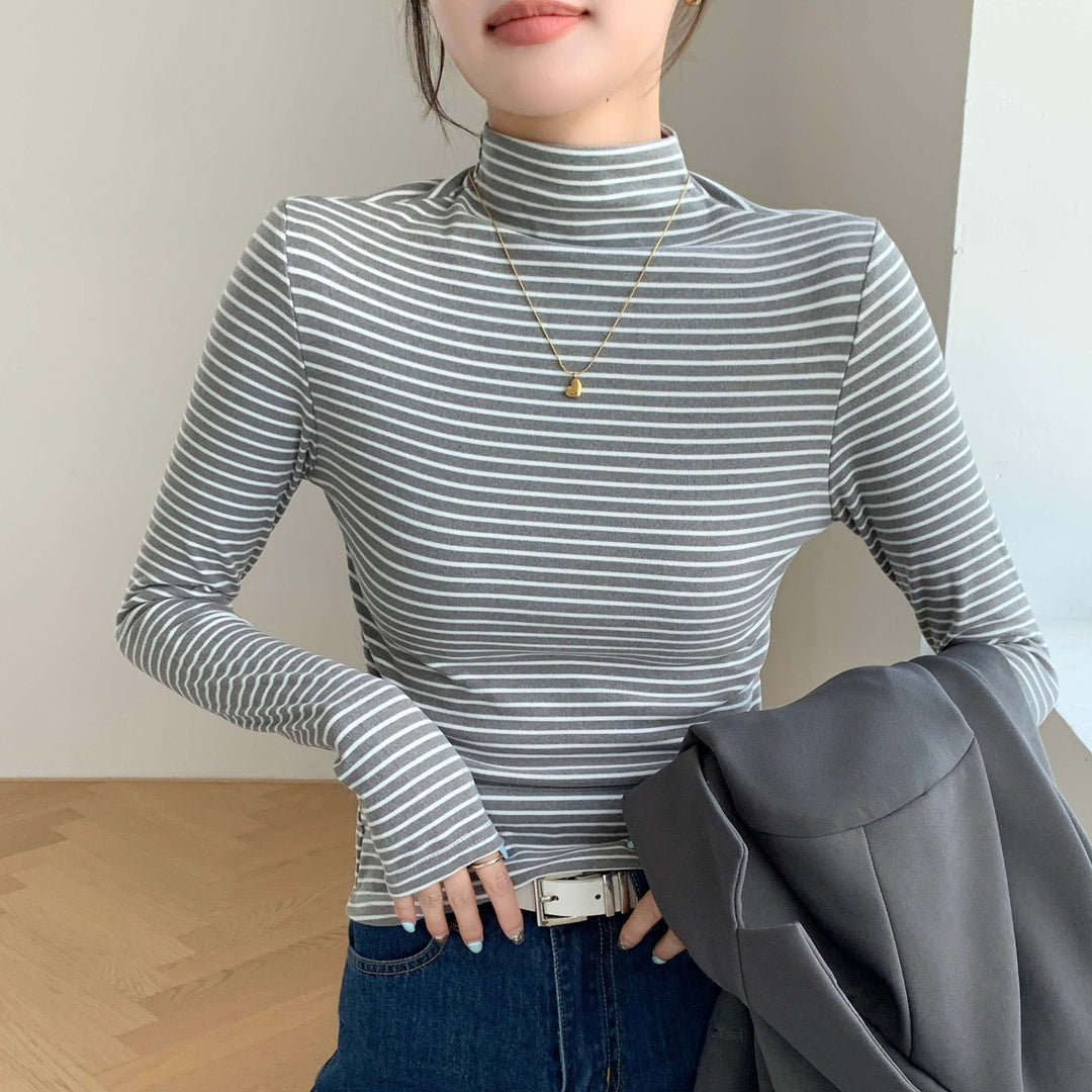 Damen Langarm-Rippoberteil mit hohem Kragen Shop Nory