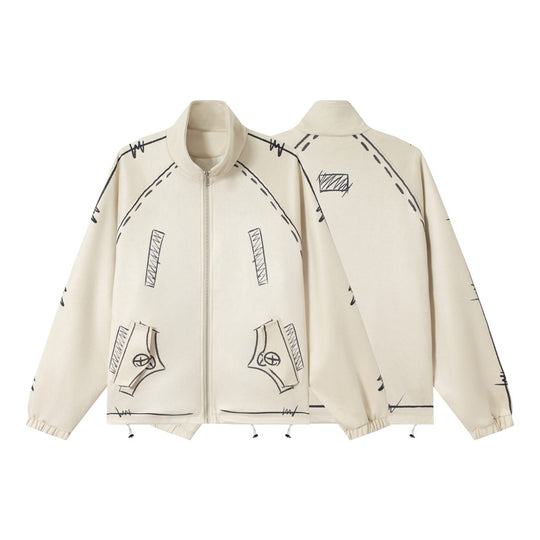 Unisex Oversize Fleecejacke mit Stehkragen und grafischem Skizzenprint Shop Nory