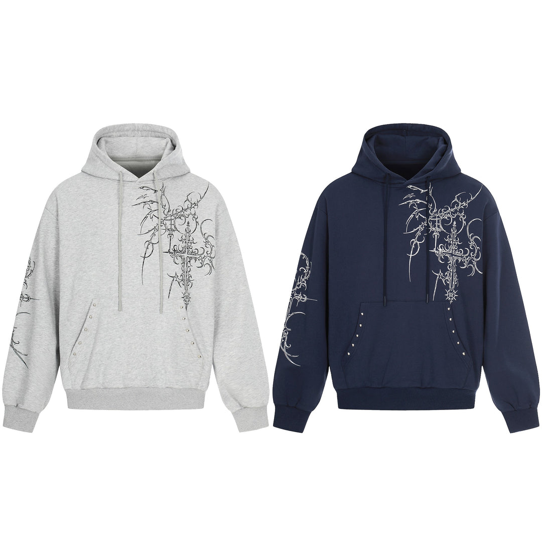 Herren Oversize Kapuzenpullover mit ornamentalem Kreuz‑Print und Nieten Shop Nory